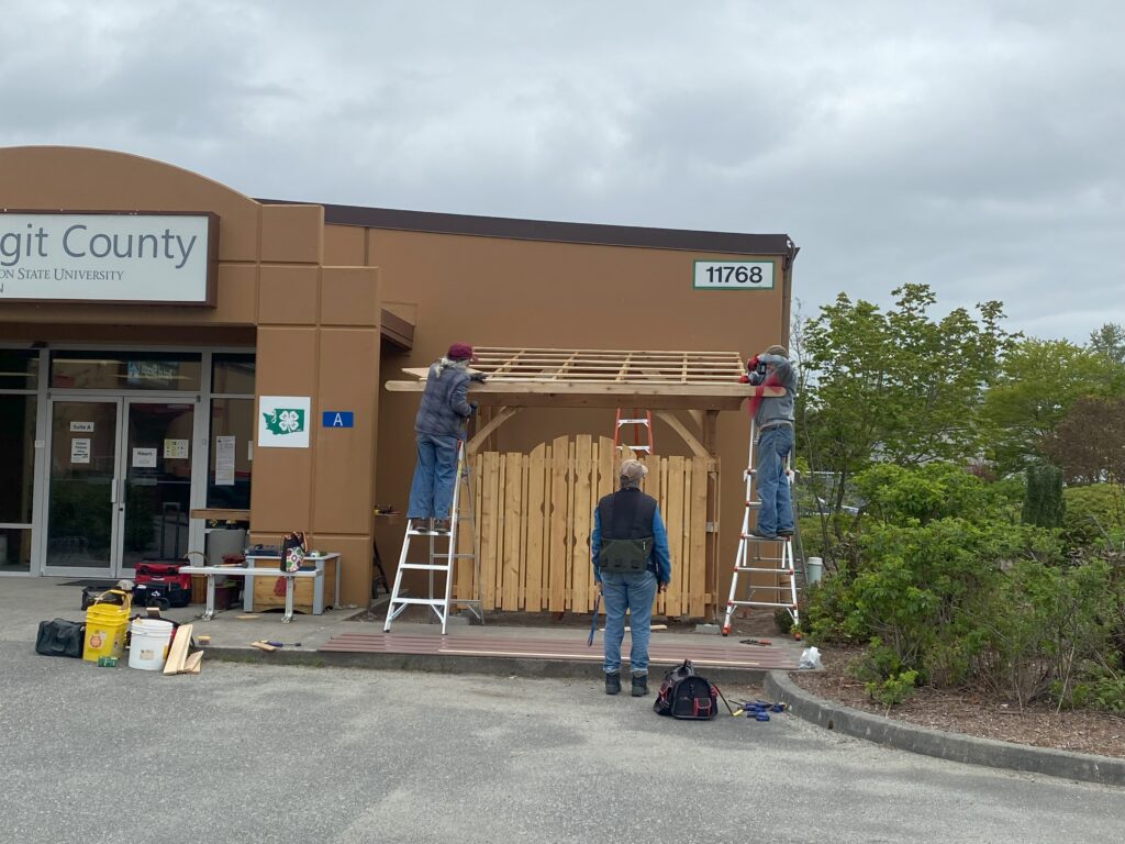 Installing a roof over the Worm Chalet.