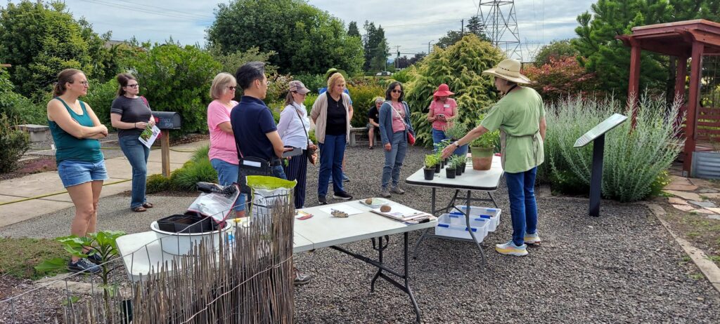 Class attendees learning about growing herbs.