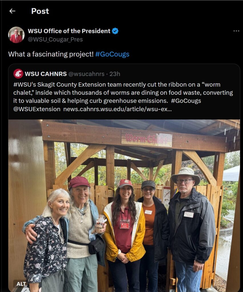 WSU Systems President Kirk Schulz published a post on X in response to the @wsucahnrs post about the Worm Chalet