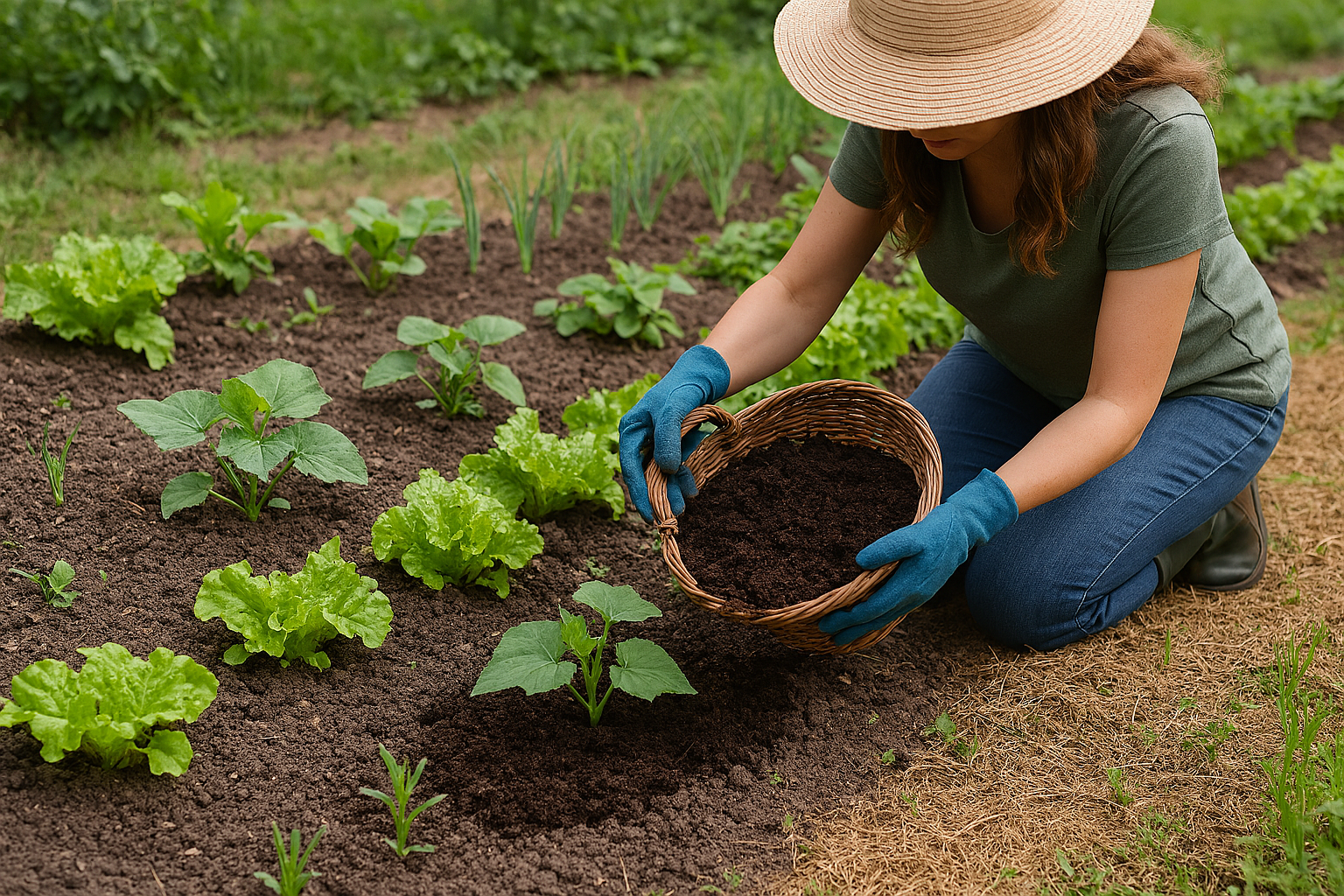 Gardener applying compost around healthy, well-spaced plants in a vegetable garden.