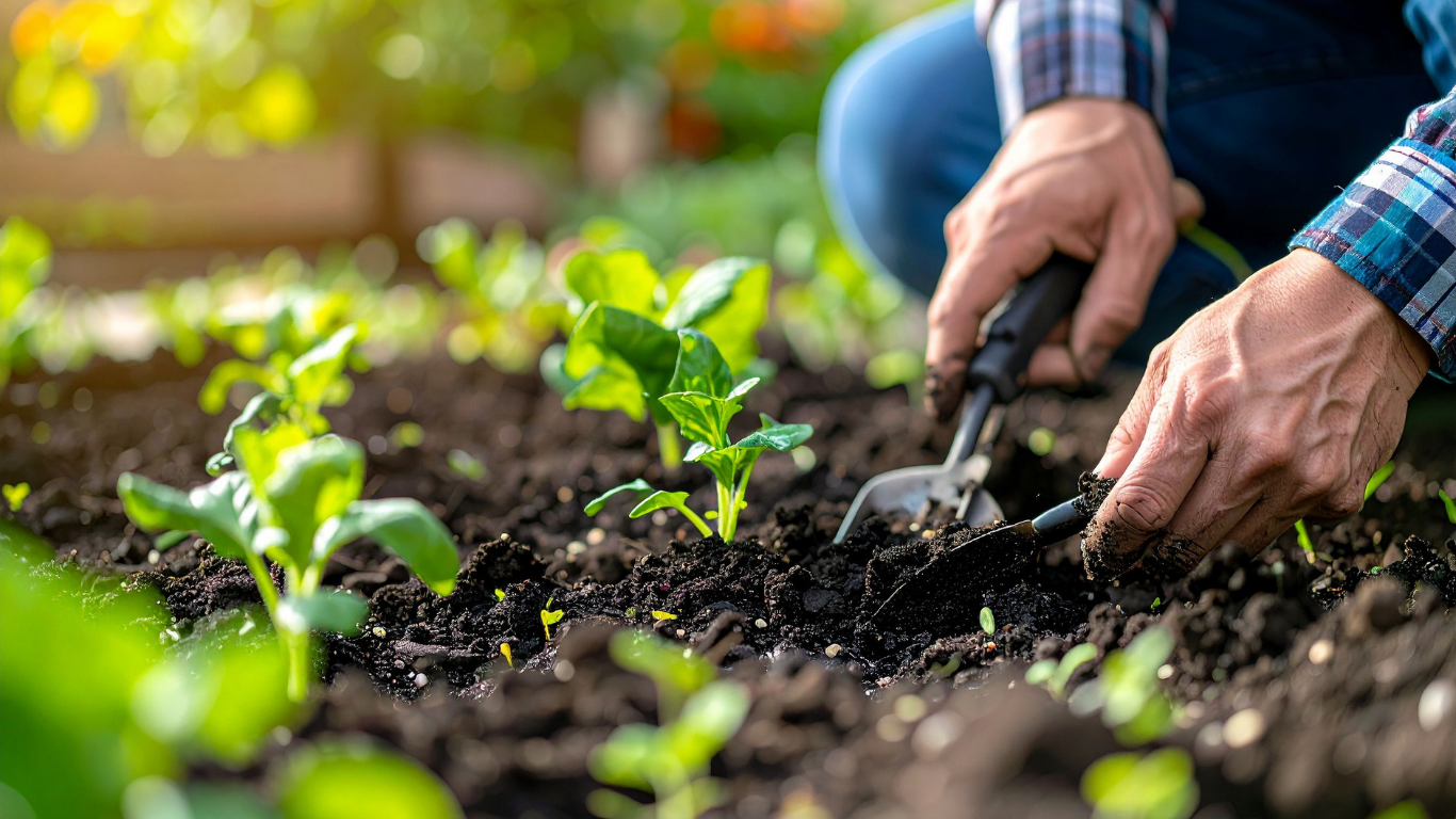 Man's hands planting garden vegetables.