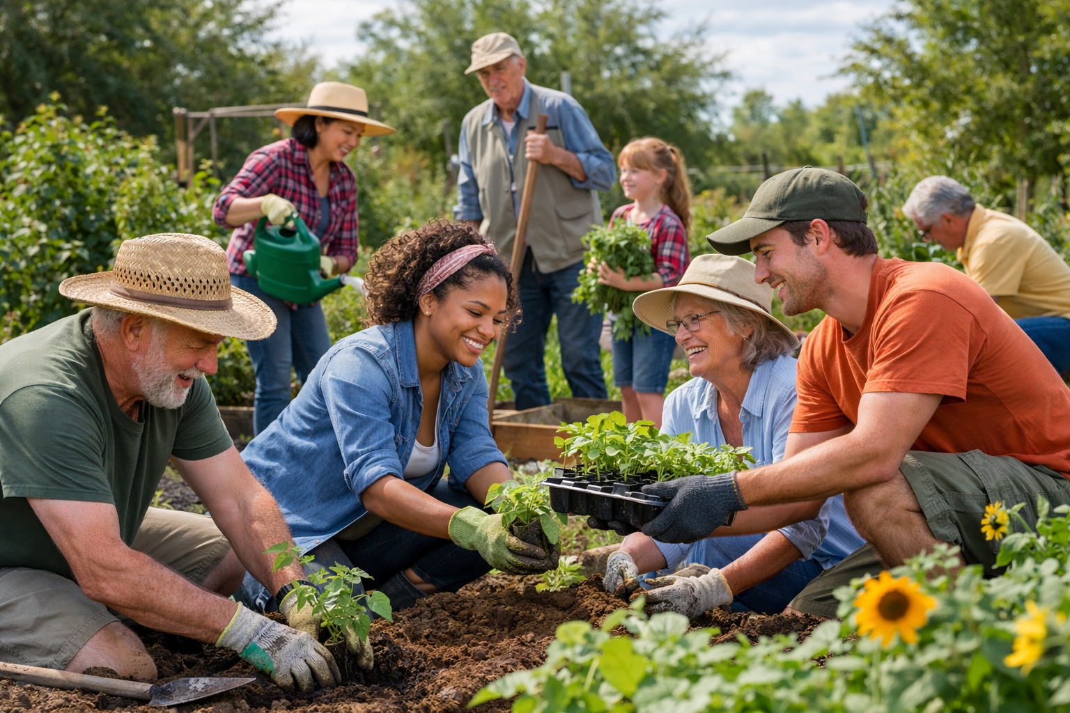 Group of people working in garden
