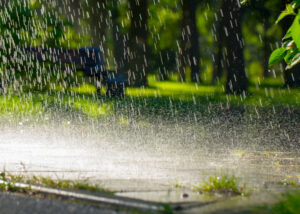 Heavy rainstorm on street.
