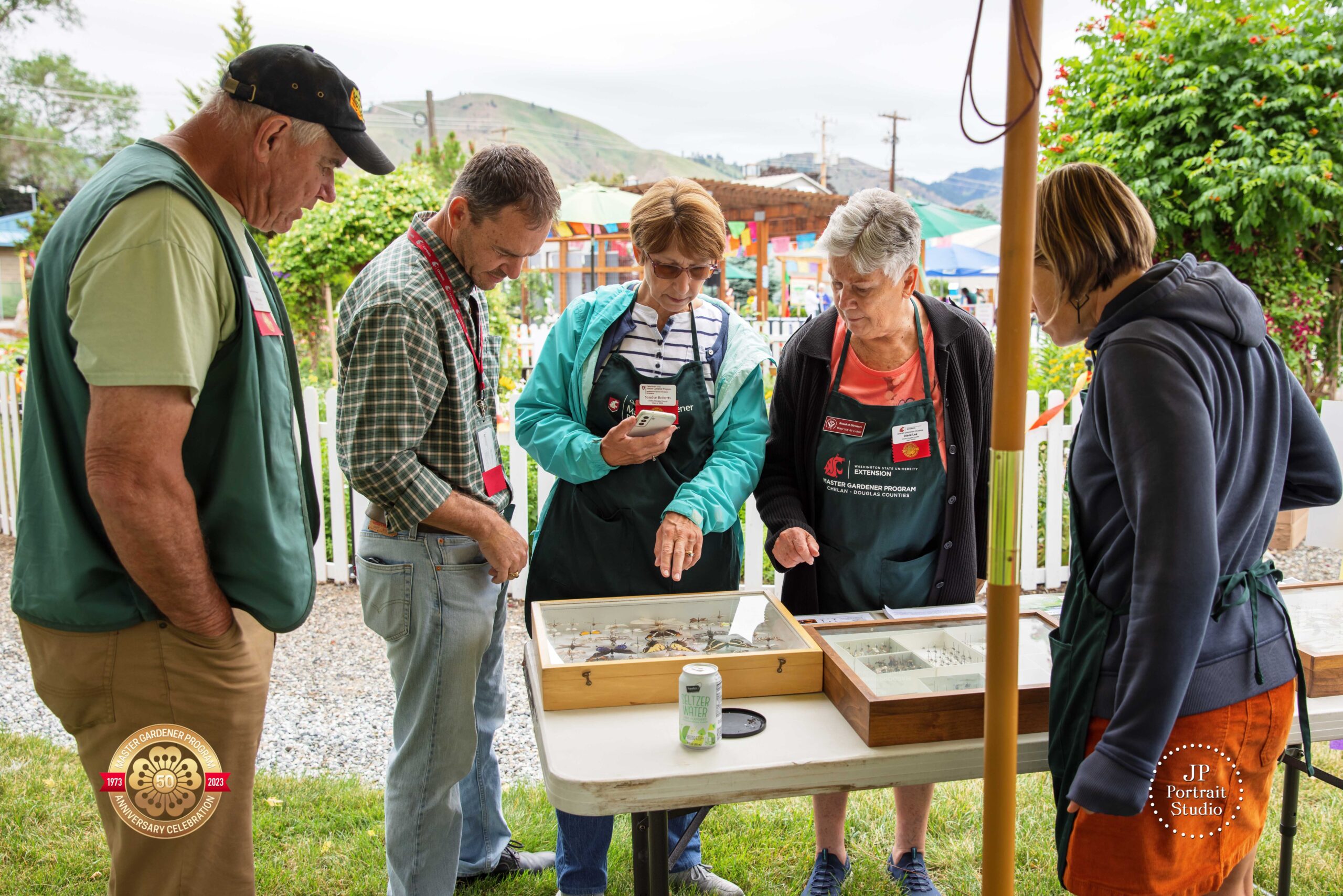 People examining an insect collection.