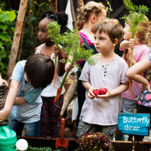 A group of children learning about gardening and harvesting vegetables.