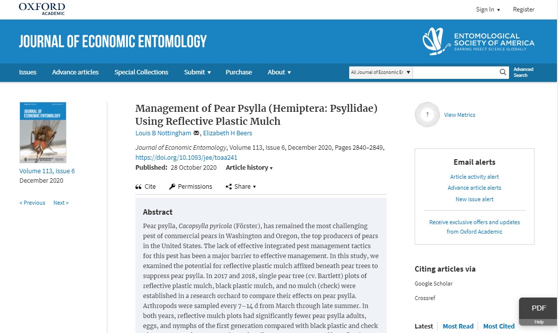 screenshot of publication in the journal of economic entomology