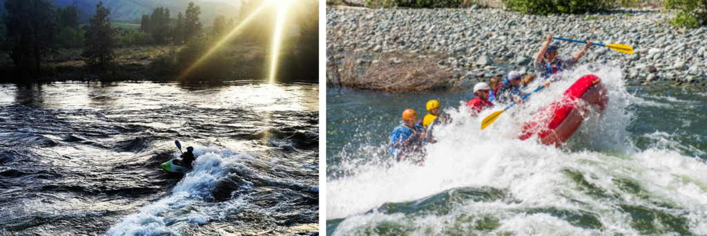 image on the left is a kayaker on the river at sunset and image on the right is a group of people in a red raft going through whitewater.