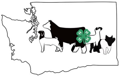 A black outline of the state of Washington. Inside the outline is black & white animals including a goat, cow, pig, and a sheep. There is the green 4-H clover in the enter of the image on top of the cow and goat.                                                                                                                                                                               