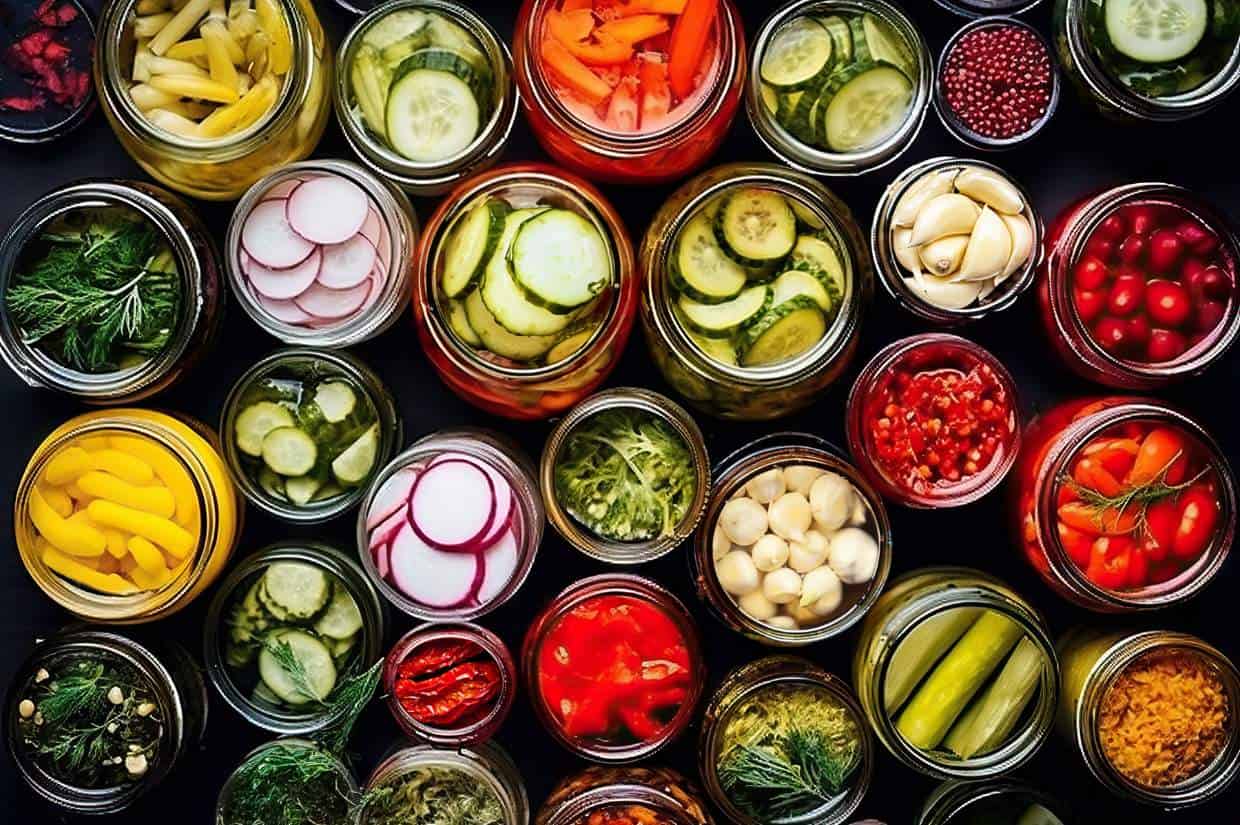 Various kinds of canned and pickled foods/vegetables. 