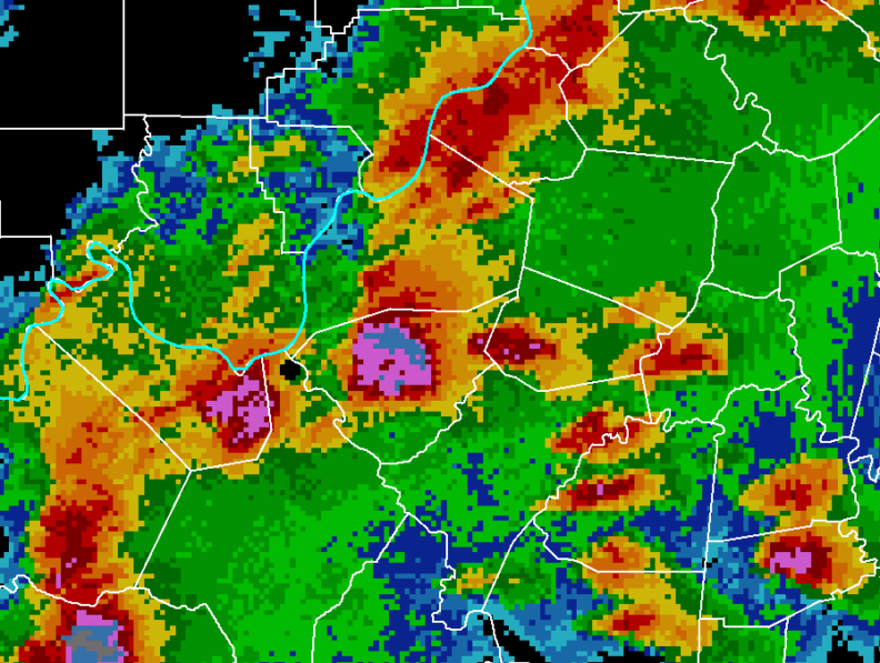 A weather radar that displays weather conditions and data from Grant County. The radar displays a multitude of colors such as green, red, blue, yellow, orange, and pink. These patches of colors mean various things such as rain, wind, snow, sunshine, and others. The point of this picture is to display weather data from Washington State University's automated weather station network.