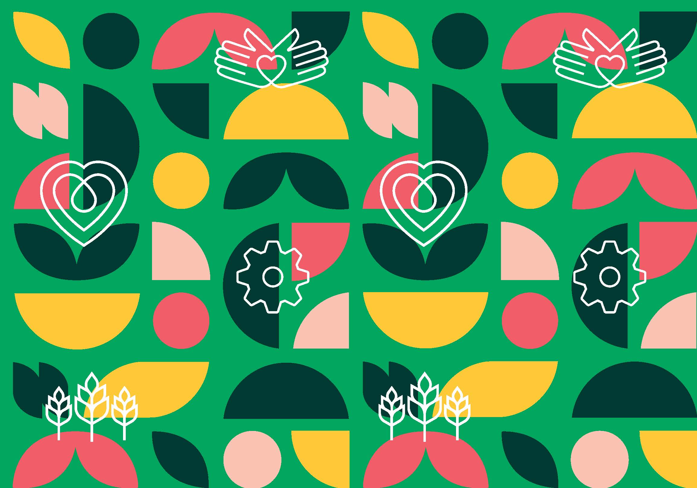 Decorative, 4-H Trademark background. Various different colored shapres including, yellow, red, light pink, and dark green, with various objects outlined in white on a vibrant green background.