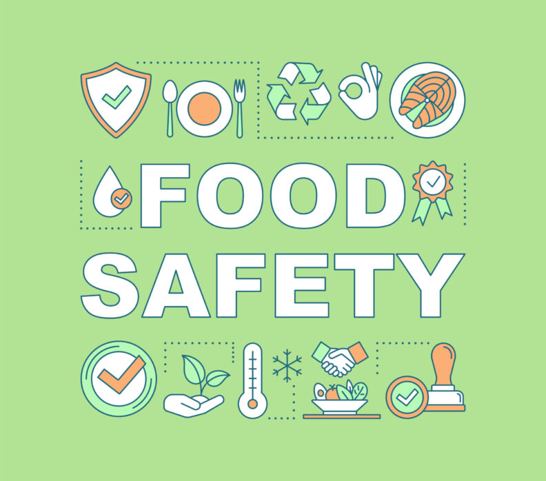 A sea foam green background with the words 'Food Safety' in white lettering, with several different icons representing food safety scattered around. These include, a thermometer, a plate and silverware, the recycling symbol, and check marks indicating the food is safe. 