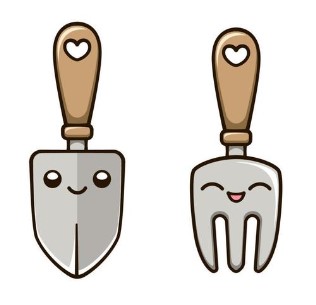 Decorative. A clipart image of a smiling gardening shovel and a smiling gardening rake. 