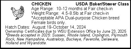 Decorative image of a chicken, with the same text as listed about 4- H requirements regarding USDA Baker/Stewer class for the Grant County Fair.