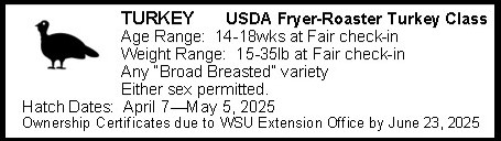 Decorative image of a turkey, with the same text as listed about 4- H requirements regarding USDA Fryer-Roaster Turkey class for the Grant County Fair.