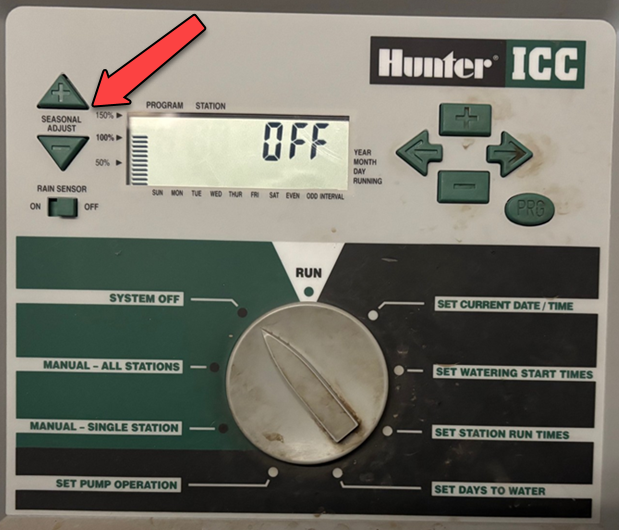 A Hunter brand sprinkler irrigation controller showing the "Seasonal Adjust" setting.