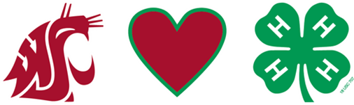 WSU Crimson Cougar Logo, A Red Heart outlined in Green. and the 4-H Green Four Leaf Clover Logo