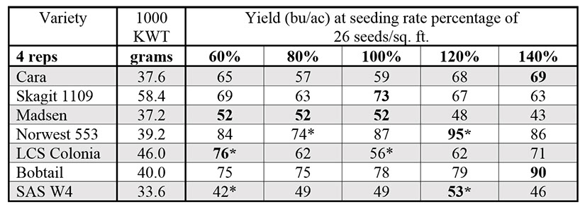 Chart indicating the varieties used in our seeding rate study, 1000 kernel weight (KWT) and the yields harvested (largest in bold) at the various seeding rates