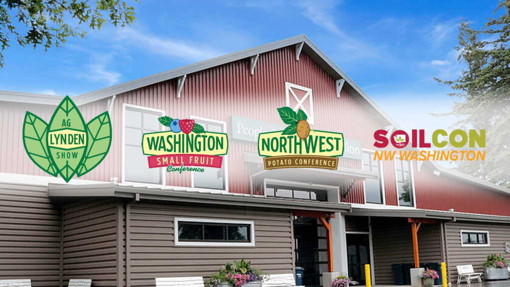 Exterior of building where conference takes place. Four logos of the different entities: Lynden Ag Show, Washington Small Fruit Conference, Northwest Potato Conference, SoilCon NW Washington.