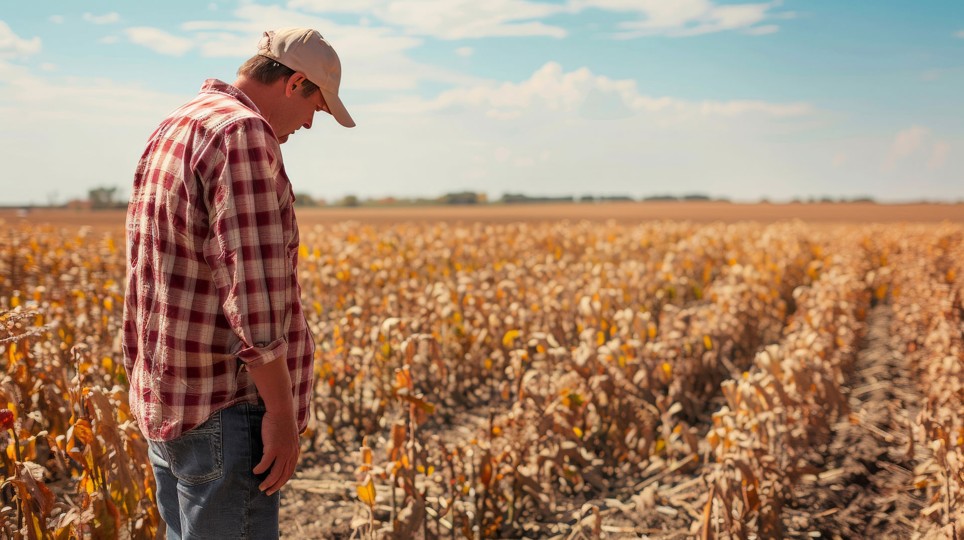 Farmer standing in a dried up field.