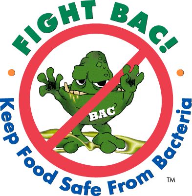 Green dripping character in a red circle with a line through it and the phrase "Fight Bac! Keep Food Safe from Bacteria" around it