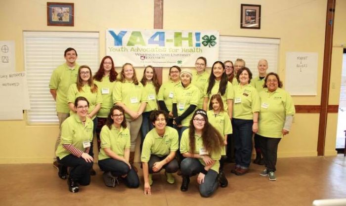 A group of teens in yellow shirts in front of a banner reading "YA4-H!"