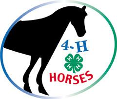 A silhouette of a horse in a blue-green circle with the phrase "4-H Horses" below its snout, the 4-H clover between the two words