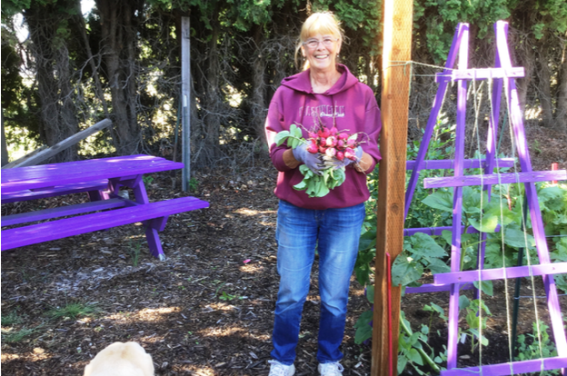 Camille in the Heirloom Garden with radishes