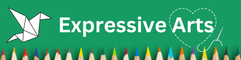 Title "Expressive Arts" in white on a green background. White paper crane at left, needle and thread in shape of a heart around the word "arts". Bottom bordered by colored pencil tips.