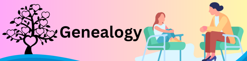 Stylized family tree with hearts on the branches at left. At right, a cartoon child and adult sit on chairs talking. Background is gradient pink to yellow with the title "Genealogy" at center.