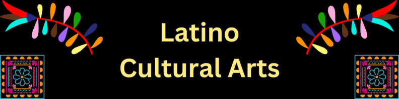 Title "Latino Cultural Arts" in light yellow on a black background. On both sides, a colorful stem with leaves arches over a stylized flower on a tile.