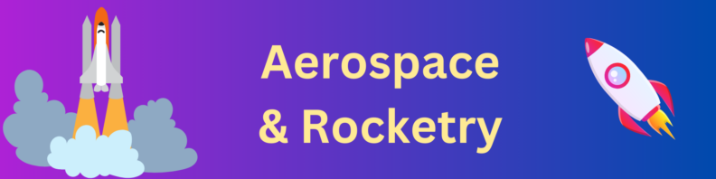 Space shuttle launching at left; a gray and red rocket flying at right. Title "Aerospace & Rocketry" in light yellow at center on a gradient purple to midnight blue background