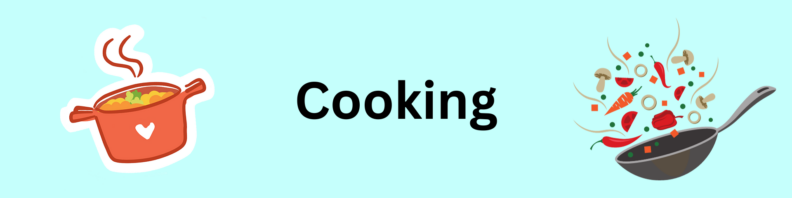 At left, an orange soup pot with a little white heart on it and steam above it. At right, vegetables tossed in a wok. Title "Cooking" in the center