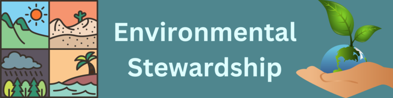 At left, an icon consisting of four squares, one showing hills and a sun, one showing desert dunes and a cactus, one of a forrest under a raincloud, and the last showing an island with a palm tree. At right, a hand holds a globe with a plant sprouting from it. At center, the title "Environmental Stewardship" in light blue on a gray-blue background