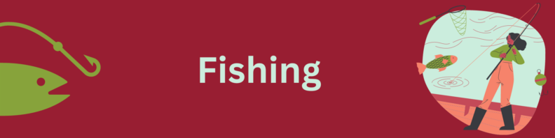 Green outline of a fish approaching a hook at left. At right, a girl standing on a dock casting a fishing rod. Center, the title "Fishing" in light green on a dark red background