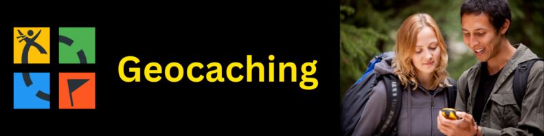 Two young people look at a handheld GPS while hiking on the right side of the image. At left, the decorative logo for geocaching. Title "Geocaching" between them in yellow on a black background