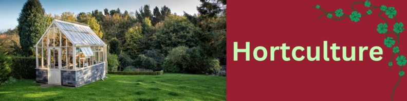 At left, a glass greenhouse in a back yard. At right, the title "Horticulture" in light green on a dark red background with a border of four-leafed clover in the upper right corner