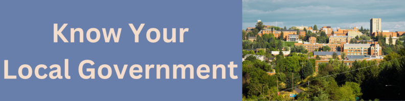 At left, the title "Know Your Local Government" in light tan on a gray-blue background. At right, a distance shot of Pullman, Washington State University campus amidst greenery aganist a cloudy sky