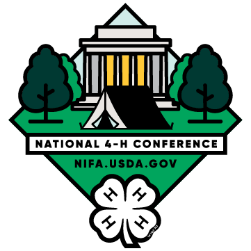National 4-H Conference logo of a tent on the grass in front of a government building with a collonade flanked by trees. The 4-H clover sits below the conference title banner and website