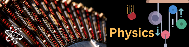 A close-up of a cyclotron part at left with an icon of an atom overlayed lower left in white. At right, a cartoon pulley system. Center, the title "Physics" in yellow on a black background with an apple falling above it