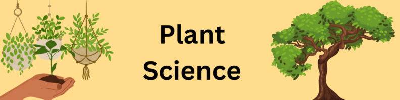 Three hanging plants behind a hand holding a sprout at left. At right, a tree. Center, the title "Plant Science" in black on a yellow background