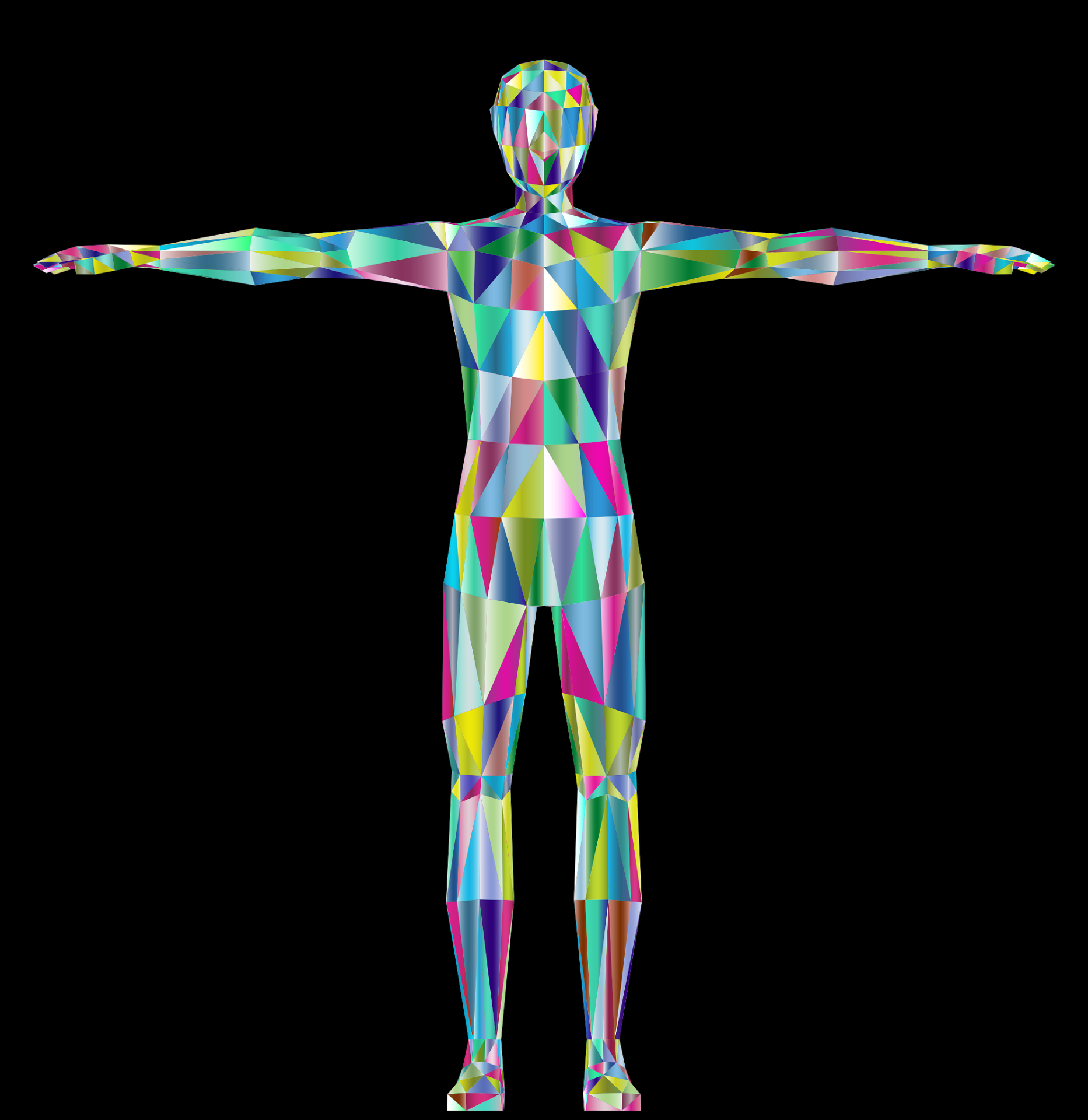 Geographic shapes in a variety of rainbow colours standing in a T-pose on a black background