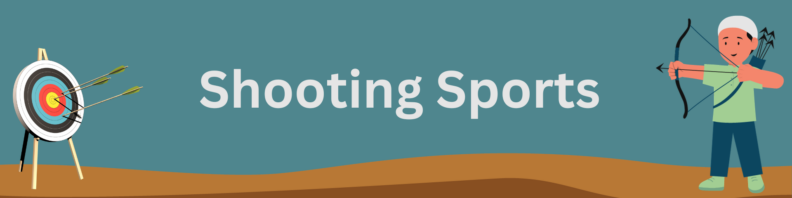 At left, a target with arrows in it. At right, a chilid holding a bow with the arrow aimed at the target. At center, the title "Shooting Sports" in light gray on a dark sage background