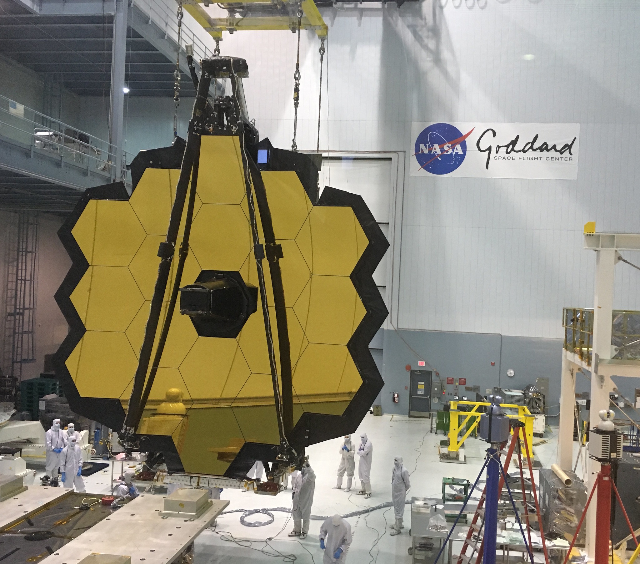 Gold mirror assemby of the James Webb Space Telescope in the assemby facility at NASA's Goddard Space Center
