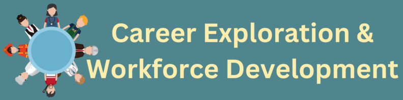 Eight cartoon people in different career outfits around a circle at left. At right, title "Career Exploration & Workforce Development" in light yellow on a sage green background.
