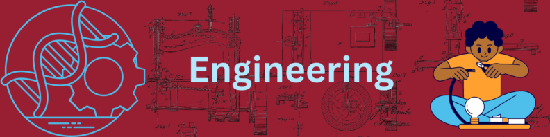 At left, a round line drawing of a gear and DNA strand. At right, a cartoon young person holding a wire in one hand and wire cutters in the other-the wire leads to a baord witih a lightbulb on it. At center, the title "Engineering" in light blue on a dark red background with patent drawings on it in black