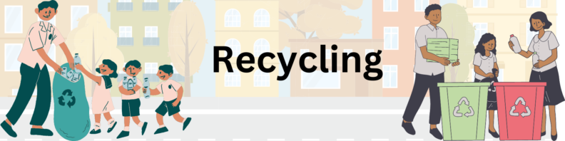 At left, a cartoon man holds open a bag marked with a recycling symbol while three kids add plastc bottles. At right, a family sorts paper and plastics into recycling bins. The title "Recycling" is at center over the background of a city street