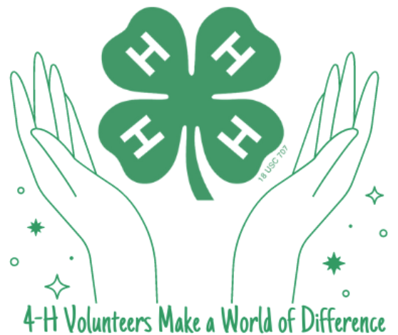 Green line-art hands around the 4-H clover logo and the text "4-H Volunteers Make a World of Difference" below.