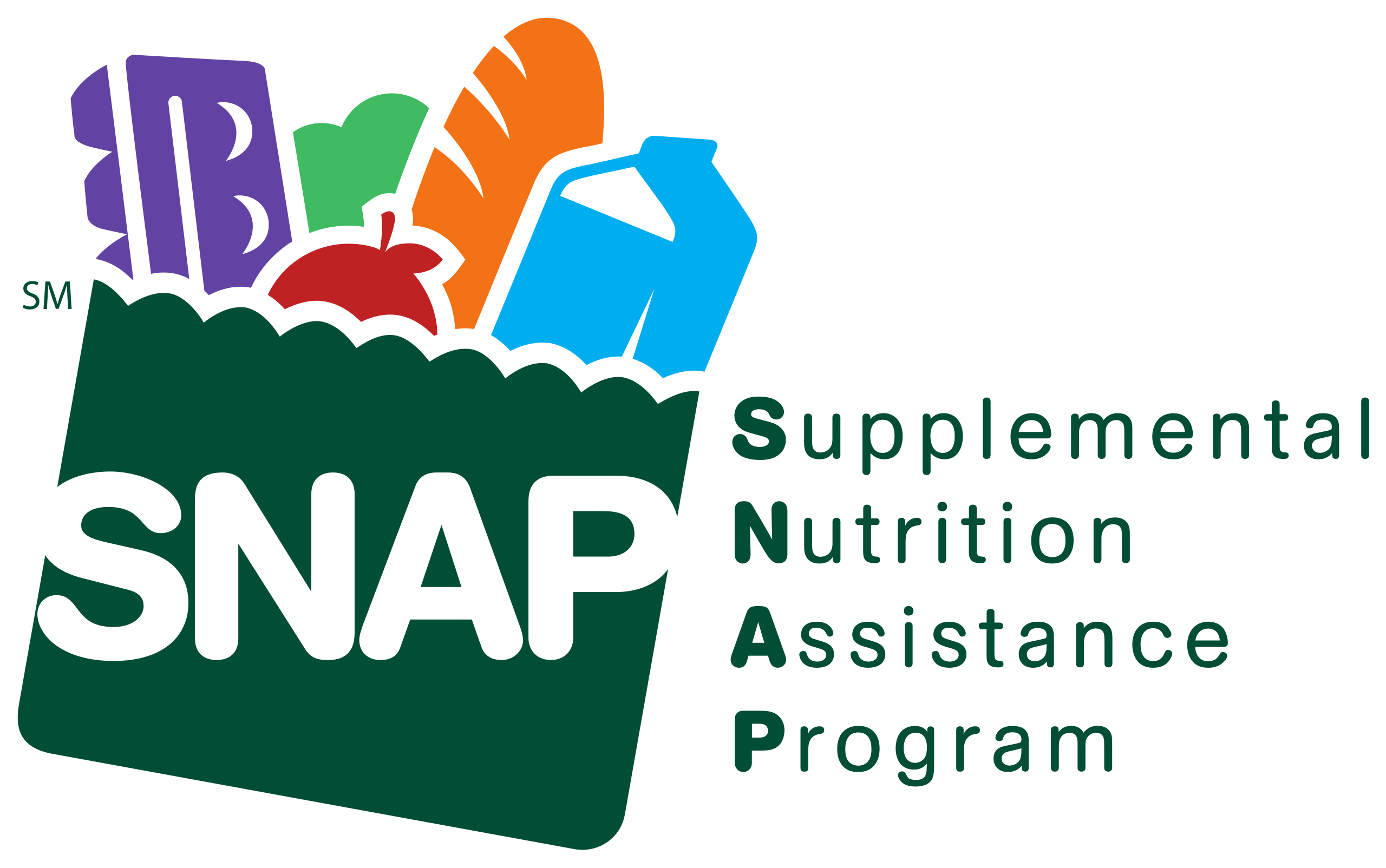 SNAP-Ed logo of a green bag of groceries including eggs, bread, milk, and produce