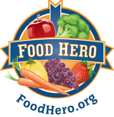 Food Hero logo with apple, broccoli, carrots, grapes, strawberry, and yellow pepper in a circle